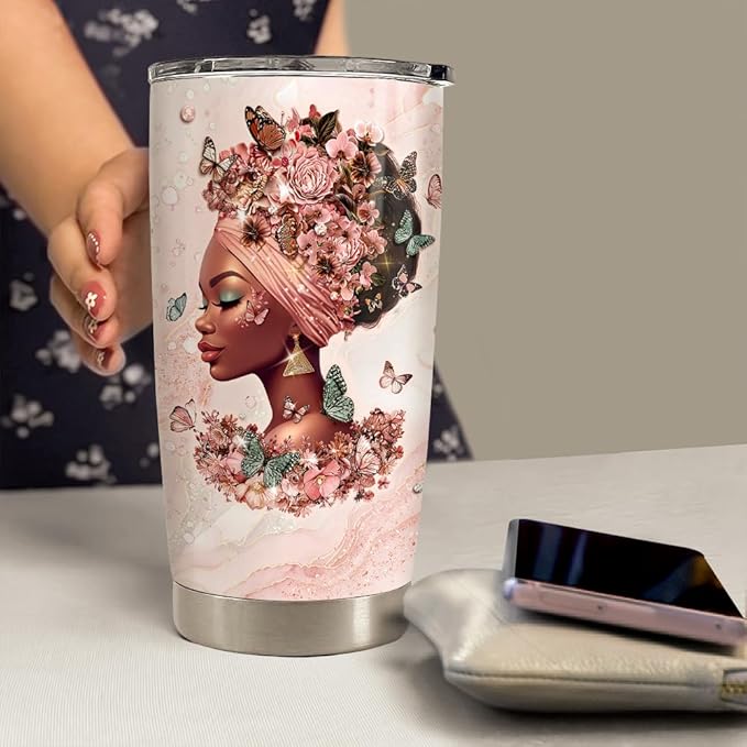 Black Woman Tumbler 20oz Stainless Steel Insulated Coffee Travel Mug Cup for Women Girls Gifts for Birthday Christmas