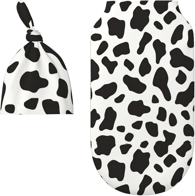 Newborn Swaddle Blankets and Hat Set Soft Cotton Baby Swaddle Wrap Warm Infant Receiving Blanket Cow Print-2