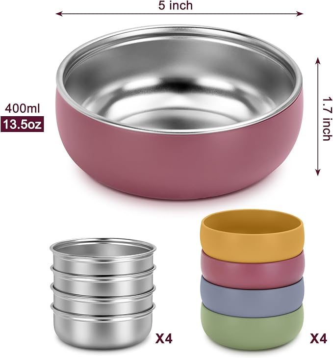 ShineMe Stainless Steel Bowls for Kids, 4 pack Toddler Bowls with Removable Colorful Silicone Sleeve, Unbreakable Baby Bowls for Soup, Cereal, Yogurt, Snacks...