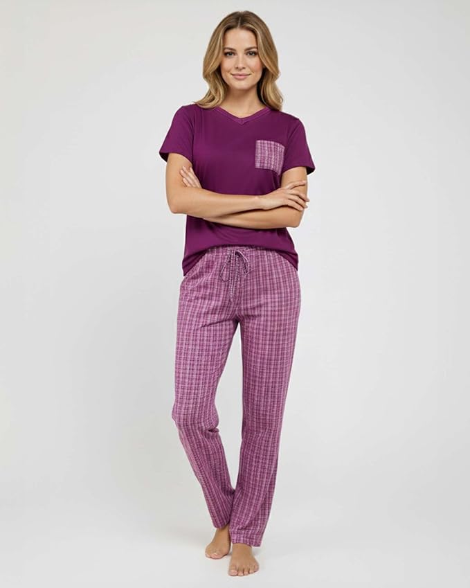 Real Essentials 2 Pack: Women's Comfy Pajama Sets - Short & Long Sleeve Ladies Loungewear Sleepwear PJs (Available In Plus)