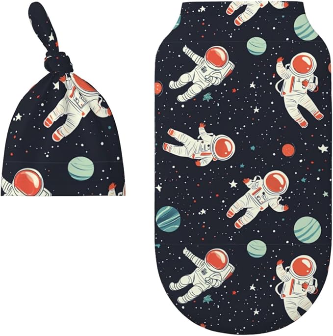 Newborn Swaddle Blankets and Hat Set Soft Cotton Baby Swaddle Wrap Warm Infant Receiving Blanket Space-10