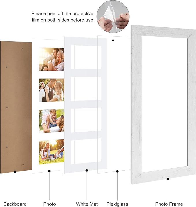 8x20 Picture Frame Display 4 opening 4X6 Picture Frame Collage,Multi Photo Frame with Mat,Plexiglass,Wall or Tabletop Decor,Distressed White Wood Grain