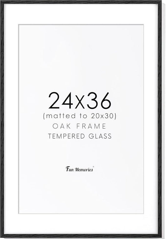 24x36 Black Picture Frame, Black Poster Frames 24 x 36, Solid Oak Wood Frames 24 x 36 Frame, 24"x36" Picture Frame with Tempered Glass, 24x36 Frames Matted to 20x30, 24 by 36 Art Frame for Home Decor