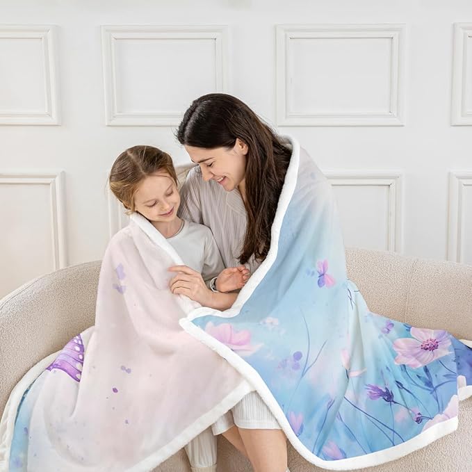 Feelyou Girls Fleece Throw Blanket 40"x50" Kids Blue Butterfly Sherpa Blanket Plush Fuzzy for Bed Couch Chair Living Room, Floral Flower Bed Blanket Cute Watercolor Room Decor