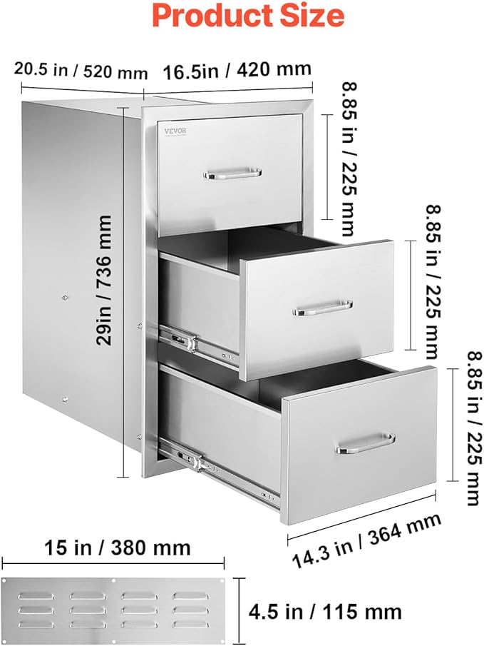 VEVOR Outdoor Kitchen Drawers, 16.5" W x 29" H x 20.5" D Triple Access Drawers, Stainless Steel Flush Mount Cabinets, BBQ Island Storage with Paper Towel Holder & Handle, for Patio Grill Station
