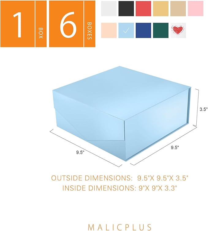 6 Gift Boxes with Lids 9x9x3.4 Inches, Blue Bridesmaids Proposal Boxes with Magnetic Closure for All Occasion (Glossy Blue)