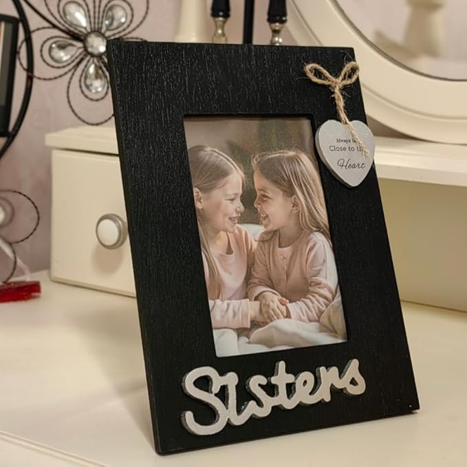 Sisters Picture Frame, Black Heart Photo Frame for Sisters and Girls 4x6 Vertical