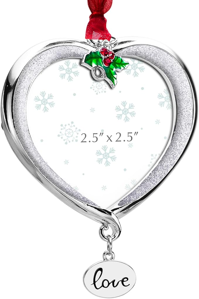 Christmas Tree Ornament Picture Frame Metal Hanging Pendant Holiday 2.5" Photo Frame Charm Decorative of Pets, Baby First Christmas, Family (Love White)