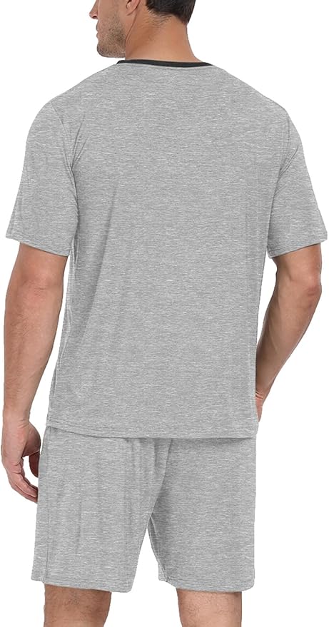 PrinStory Men's Pajama Set Sleepwear Pjs Lightweight Quick Dry Short Sleeve V-Neck Shirts and Shorts Soft Comfy Sleep Sets