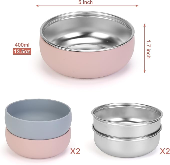 ShineMe Stainless Steel Baby Bowls, 2 pack Toddler Bowls with Removable Colorful Silicone Sleeve, Unbreakable Kids Bowls Non-Slip for Candy, Soup, Cereal, Yogurt, Snacks...