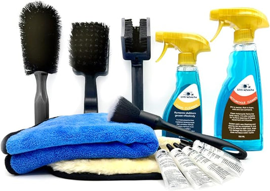 Motorcycle Dirtbike Wash Kit - Premium Cleaning and Detailing Set for Mudguard, Rims and Paint. Includes Motorcycle Cleaner (19 oz),Chain Clean (10 oz) Dry Lubricant (30ML)
