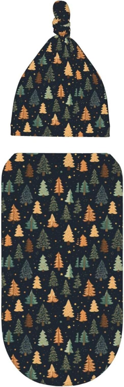 Christmas Baby Swaddle Blanket and Hat Set for Newborn Boys Girls Soft Infant Wrap Sleep Christmas Gold Tree