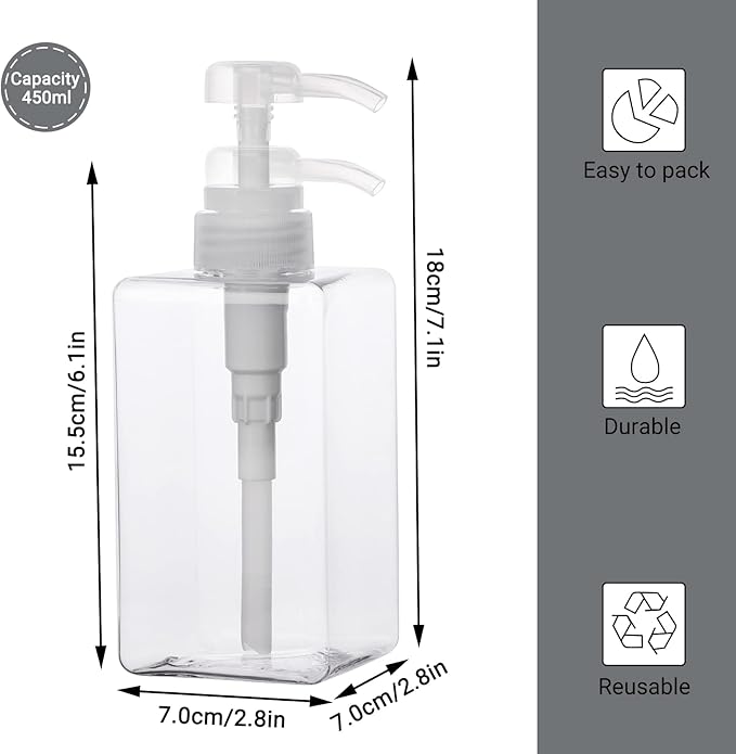 SUREAM Clear Empty Pump Bottles 6 Pack, 15oz/450ml Plastic Refillable Square Containers for Essential Oil Soap Lotion Shampoo Conditioner, Large Hand Pump Dispensers for Bathroom and Kitchen Sink Use