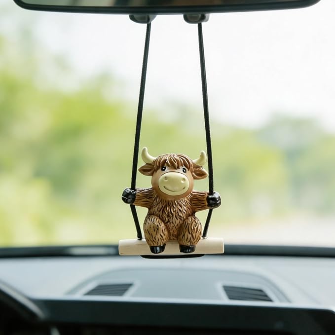 YGMONER Swinging Highland Cow Car Hanging Ornament – Holiday Favorite Farm Animal, Funny Rear View Mirror Hanging Accessories, Ideal Gift for Animal Lovers (Highland Cow)