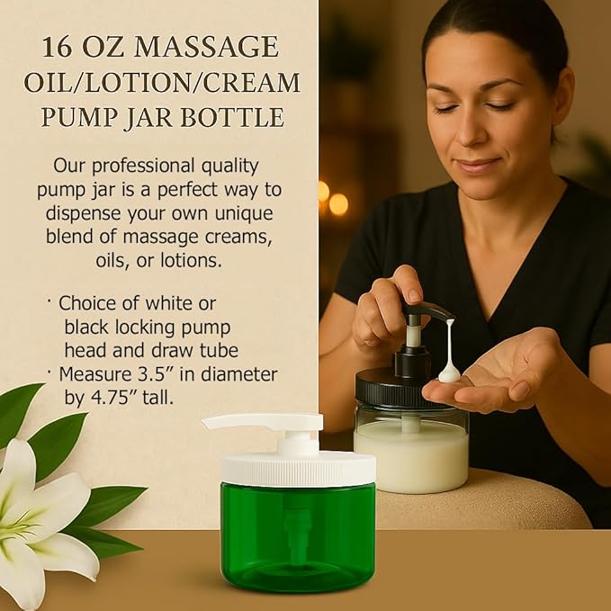 Royal Massage 16oz Refillable Pump Jar with Locking Dip Tube Dispenser – BPA-Free Plastic Container for Massage Oils, Lotions, Creams – Ribbed Lid Wide-Mouth Jar – Durable & Reusable (Amber/Black, 12)