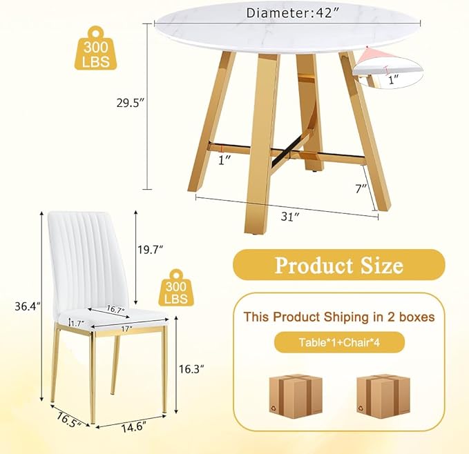 Round Dining Table Set for 4, Modern Kitchen Dining Table Chairs Set for 4, 42" Faux Marble Dining Room Table Set & 4 PU Leather Chairs for Kitchen Living Office Cafe Small Space