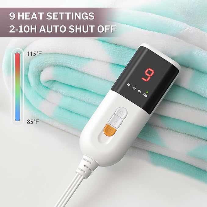 VENTIMI Electric Blanket Heated Throw, 62" x 84" Heated Blanket with 9 Heat Levels & 2 to 10 Hours Auto Off, Fast Heating Blankets with ETL & FCC Certification, Green