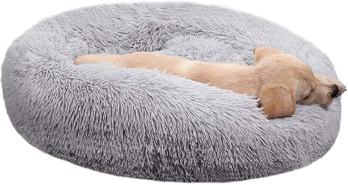 Plush Calming Donut Dog Bed for Small to Medium Dogs, 28 Inch Round Pet Bed | Soft Faux Fur Puppy Bed with Raised Rim for Curling and Head Support; Washable Round Pet Bed for Small to Medium Dogs or Cats