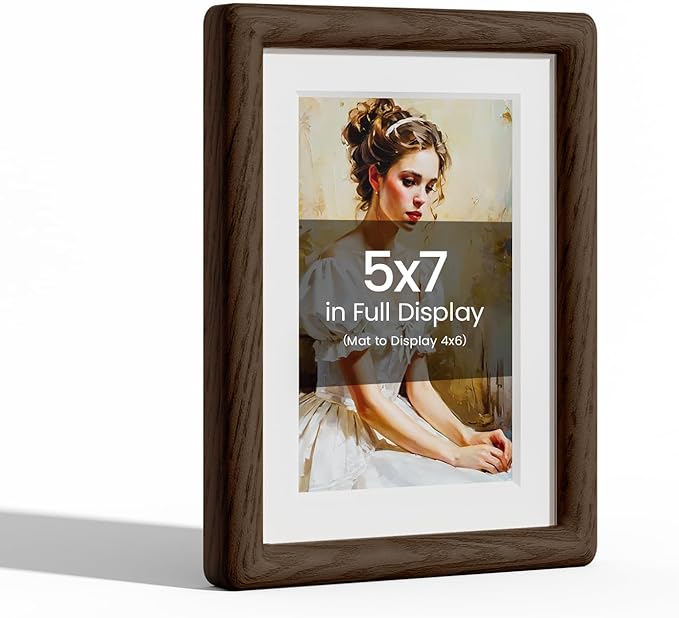 5x7 Picture Frame Natural Oak Wood From California-USA Walnut Color Finished with Real Tempered Glass, Handcrafted 5 x 7 Photo Frame Matted to 4x6 Wedding,Family,Graduation Picture on Table & Wall
