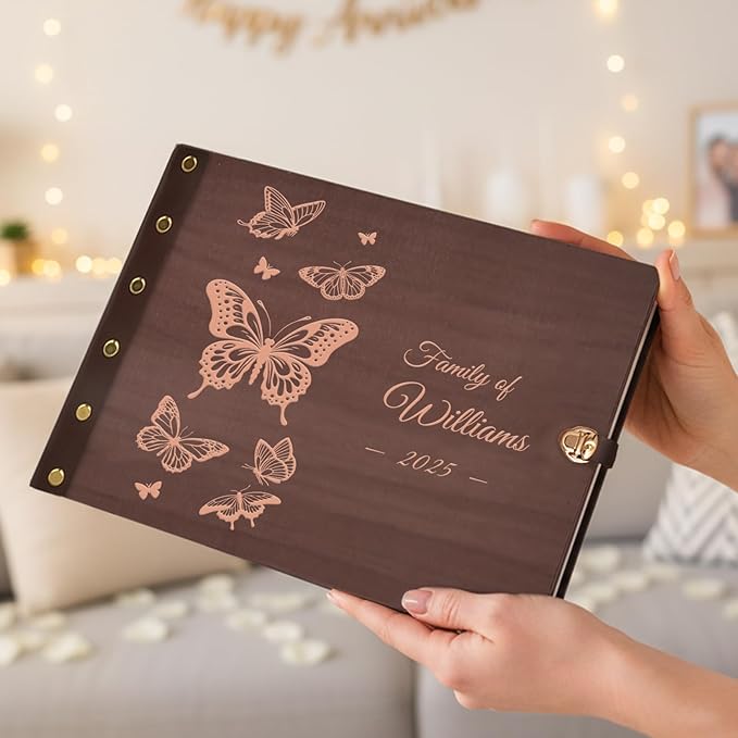 Personalized Wooden Memory Book, Photo Album 4x6 with Writing Space, DIY Family Photo Album Binder, Wedding Scrapbook Engagement Photo Book for Custom Honeymoon Gift