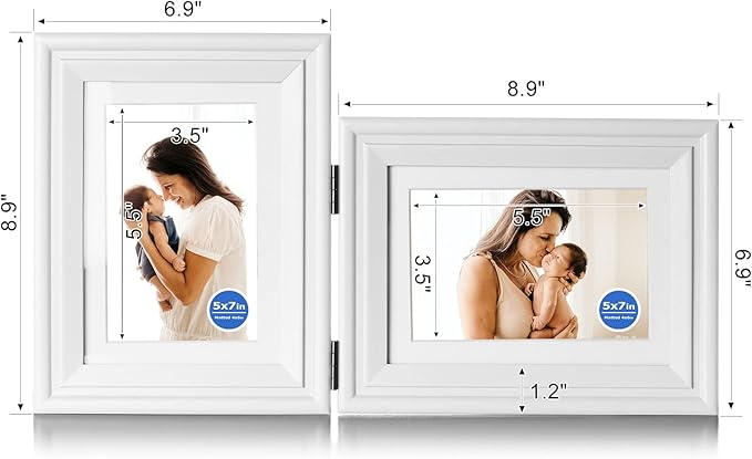 5X7 Double Wooden Hinged Picture Frame Vertical and Horizontal in White, Display 4x6 with Mat or 5x7 without Mat, Folding Photo Frame with Real Glass Front for Tabletop X2-BAI-SH57