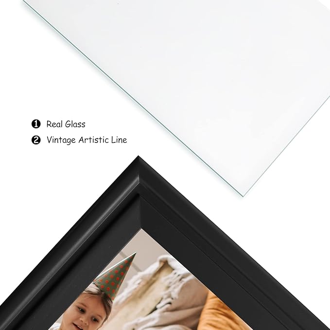 5x7 Double Horizontal Hinged Wood Picture Frame Folding Photo Frame with Real Glass Front in Black for Tabletop, Display 4x6 with Mat or 5x7 without Mat X2-HEI-2H57