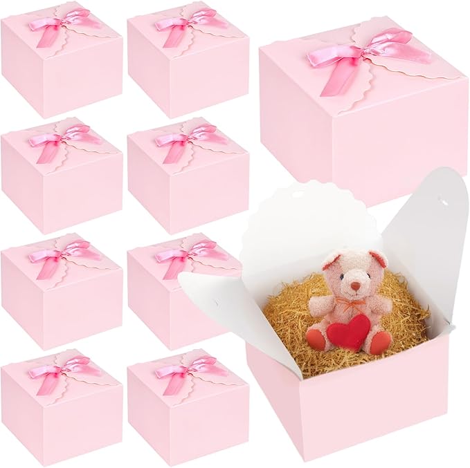 VGOODALL 10PCS Gift Boxes with Ribbon, Pink Candy Box with Ribbon Paper Treat Boxes for Wedding Cookie Chocolates Small Gifts