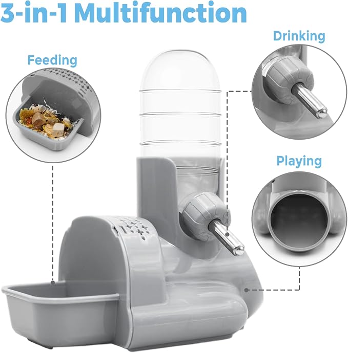 VANNON 3-in-1 Hamster Water Bottle with Food Bowl & Hideout Base, Grey | 3-in-1 feeding station combines water, food and hideout space to help keep hamster cages organized and easy to maintain.