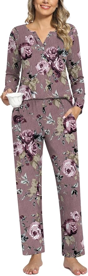 Anyally Women's Plus Size Pajama Sets Ladies Fall Pjs 2 Pieces Lounge Outfits V Neck Long Sleeves Sleepwear with Pockets