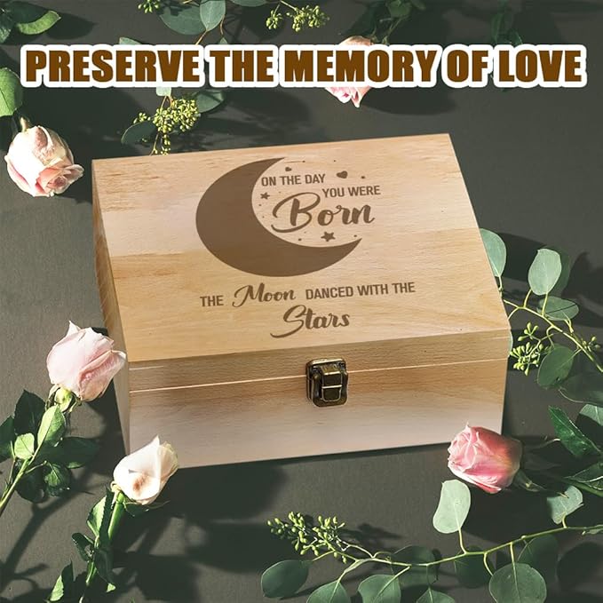 arricraft 1 Pc Wooden Memory Keepsake Box, Moon Pattern Souvenir Box with Hinged Lids for Newborn Girls Boys Storage Box Keepsake to Store Photos, Letters and Valuables 9.6x7.6x4inch