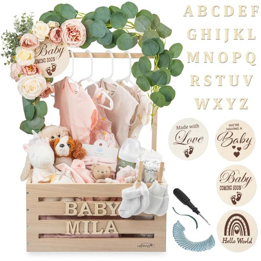 Wooden Baby Shower Crate Closet - Customizable Wooden Crate Box with Dual Rod System, Personalized Baby Shower Basket Alphabet Letters, Easy Assembly Baby Baskets for Baby Shower (Natural Wood)