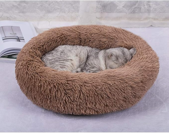 Plush Calming Donut Dog Bed for Small to Medium Dogs, 28 Inch Round Pet Bed | Soft Faux Fur Puppy Bed with Raised Rim for Curling and Head Support; Washable Round Pet Bed for Small to Medium Dogs or Cats