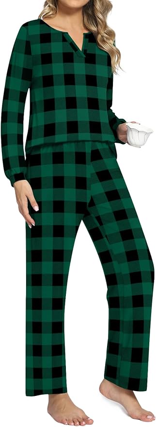 Anyally Women's Plus Size Pajama Sets Ladies Fall Pjs 2 Pieces Lounge Outfits V Neck Long Sleeves Sleepwear with Pockets