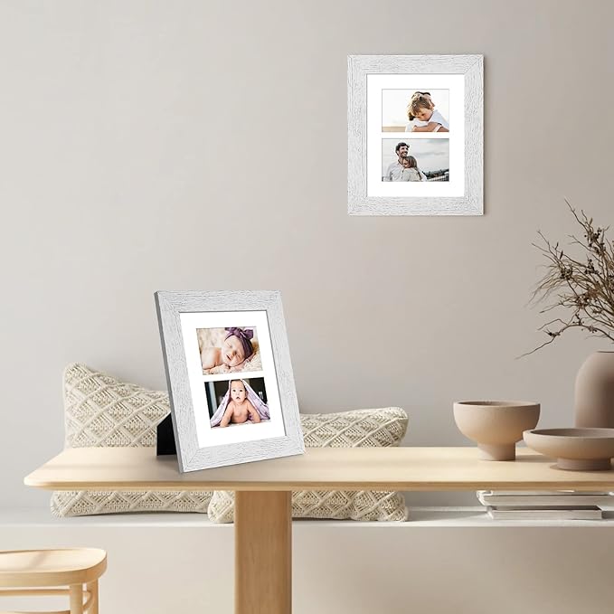 8x10 Picture Frame Display Double 4X6 Picture Frame Collage,Multi Photo Frame with Mat,Plexiglass,Wall or Tabletop Decor,Distressed White Wood Grain