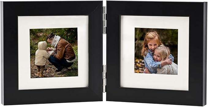 Double Hinged 4x4 Picture Frame with Real Glass-Tabletop or Wall Mounted, Display for 3x3 & 4x4 Photos (with/without Mat)-Classic Black, For Family Photos & Wedding Memories-H44X2
