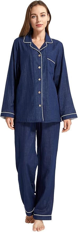 Womens Pajama Sets 100% Double Gauze Cotton Linen Like Muslin Pajamas Long Sleeve Button Down Sleepwear Soft Pjs Lounge Set