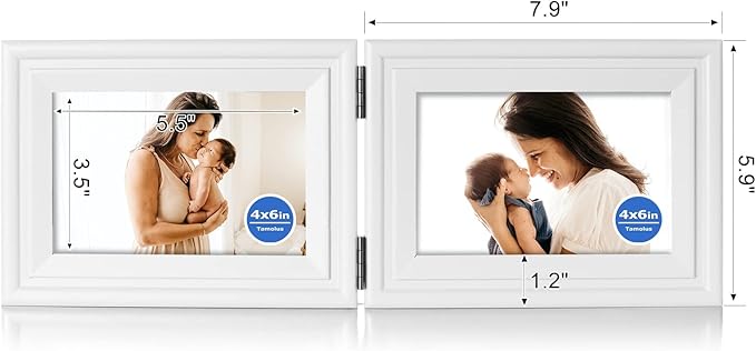 4x6 Double Horizontal Hinged Picture Frame Folding Photo Frame in White Pine Wood with Real Glass for Tabletop X2-BAI-2H46