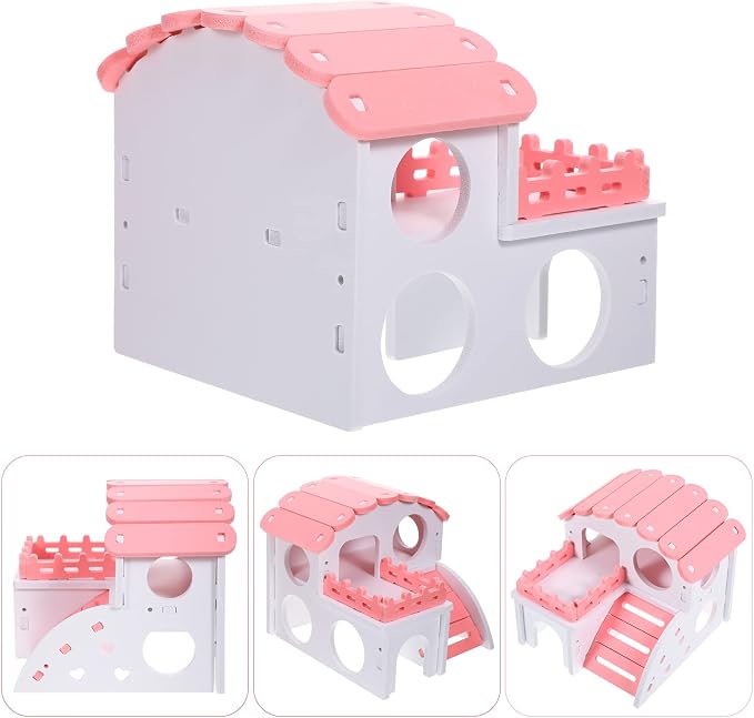 Skylety 3 Pieces Fun Hamster Guinea Pig Hideout Kit, Small, Pink | Include PVC Hamster House, Rainbow Bridge, Seesaw DIY Exercise Playhouse for Rats Mouse Small Animals