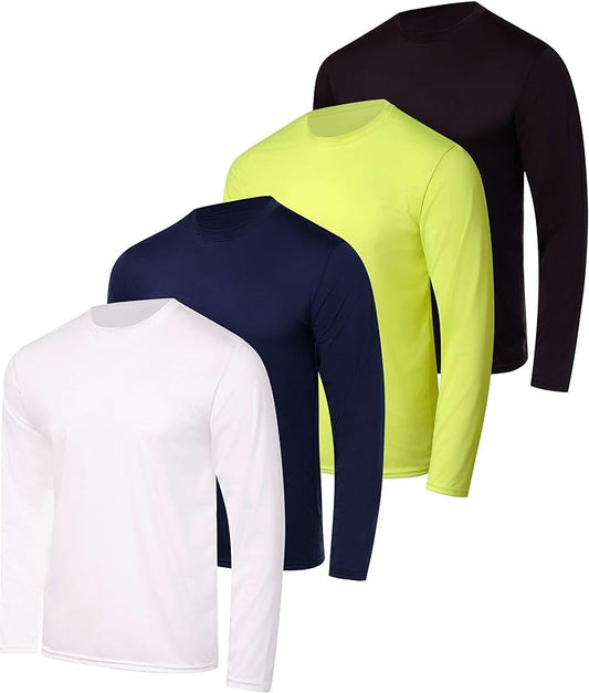 Real Essentials 4 Pack: Mens Long Sleeve Dry Fit T Shirts Hiking Fishing Workout Gym Work Sun UPF 50 Wicking Running Tee