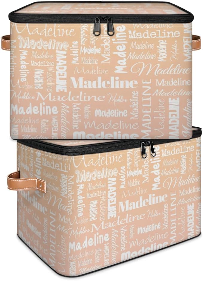 Custom Storage Basket with Name, Personalized Keepsake Box with Zipper Lid, Foldable Fabric Memory Bin Large capacity with Handle Apricot