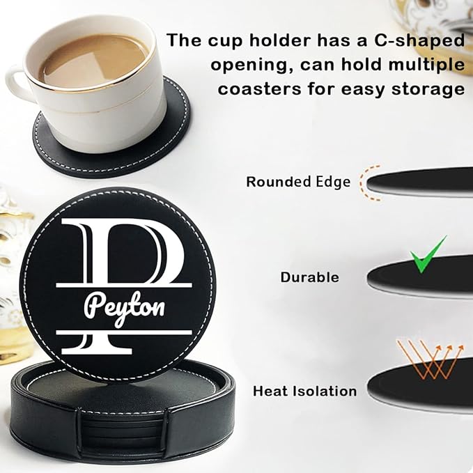 Custom Name Coasters, Personalized Set of 5 Leather Coaster with Holder, Customize Split Monogram, Non-Slip Heat Resistant Waterproof for Coffee Table Bar Beer Wine Cup Housewarming Wedding Party Gift