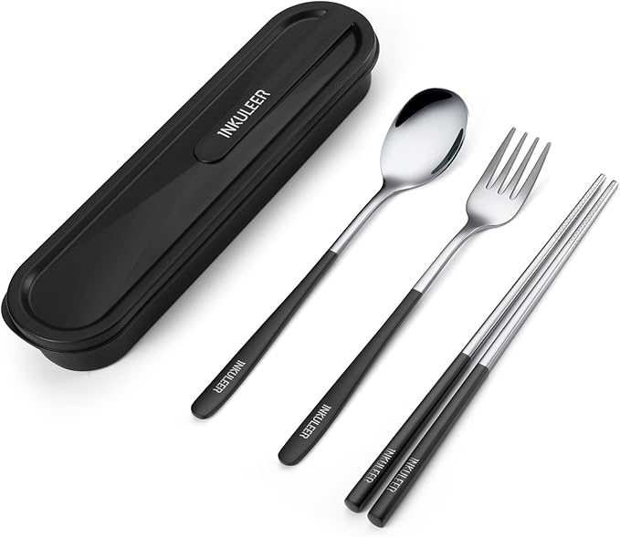 Travel cutlery set, 18/8 stainless steel cutlery, Reusable utensils set with case, Portable Silverware Lunch Box for Camping and Office (Black)
