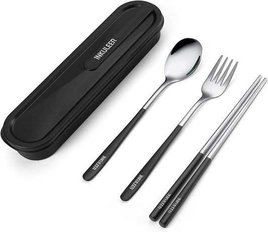 Travel cutlery set, 18/8 stainless steel cutlery, Reusable utensils set with case, Portable Silverware Lunch Box for Camping and Office (Black)