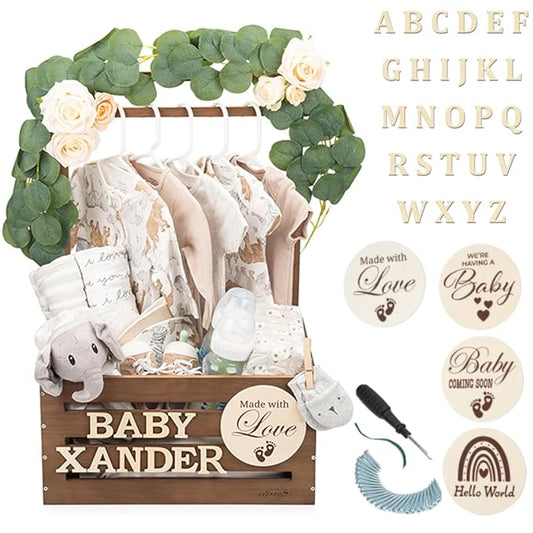 Wooden Baby Shower Crate Closet - Rustic Brown, Personalized Baby Gift Basket with Dual Rod System, Easy Assembly, 16"L x 11.8"W x 8"H
