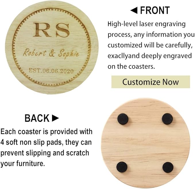 Personalized Wooden Coasters, Custom Engraved Monogram Coasters - Set of 6, Great Gifts