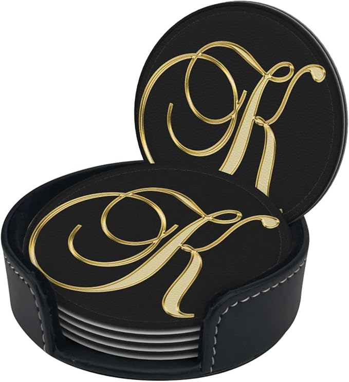 Famame 6 Pcs Letter K Alphabet Gold Print Leather Coasters for Drinks with Holder Coaster Sets Drink Table Cup Coasters for Living Room Kitchen Coffee Decor