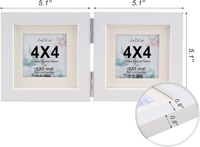 Double Hinged 4x4 Picture Frame with Real Glass-Tabletop or Wall Mounted, Display for 3x3 & 4x4 Photos (with/without Mat)-Matte White, For Family Photos & Wedding Memories-B44X2