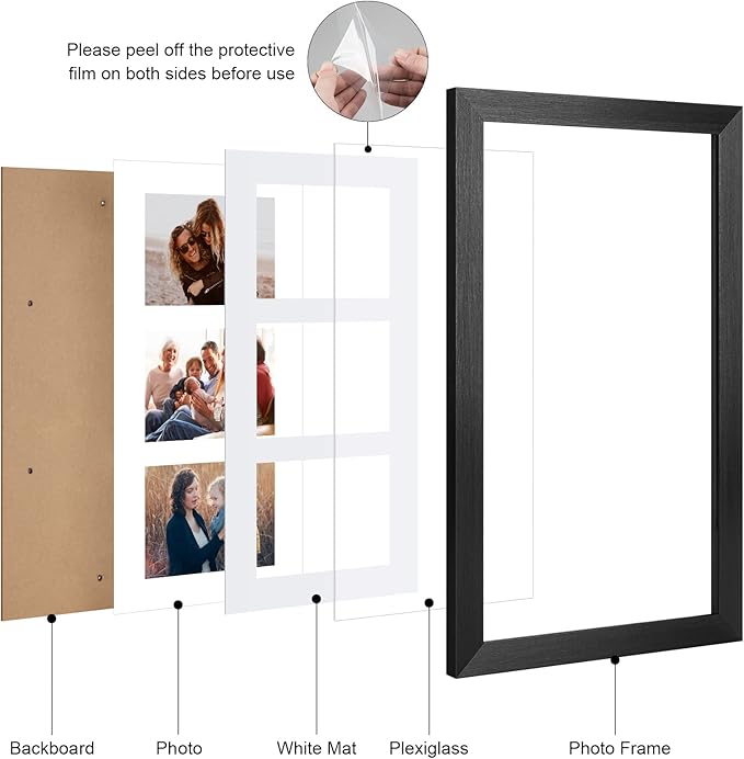 8x14 Collage frame with 3 Openings 4X6 Pictures, Multiple Picture Frame with Mat, Wall or Tabletop Decor, Black Wood Grain,2 Pack