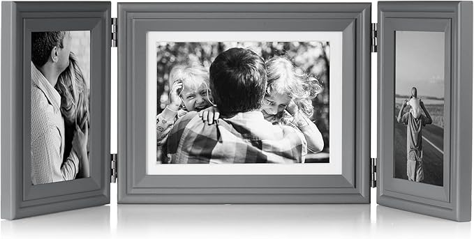 3 Vertical Horizontal Hinged Wood Picture Frame 4x6 and 5x7 Triple Folding Photo Frame Home Decor with Real Glass Front in Gray for Tabletop, Display 4x6 with Mat or 5x7 without Mat