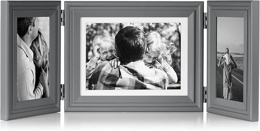 3 Vertical Horizontal Hinged Wood Picture Frame 4x6 and 5x7 Triple Folding Photo Frame Home Decor with Real Glass Front in Gray for Tabletop, Display 4x6 with Mat or 5x7 without Mat